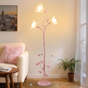 Flower Floor Lamp, 3-Head Whimsical Pink Floor Lamp with Flexible Gooseneck, 67'' Tall Retro Floral Standing Lamp