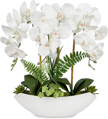 Orchid Artificial Flowers 18in White Fake Orchid Silk Flowers with Ceramic Pot Faux Orchid Arrangement Room Coffee