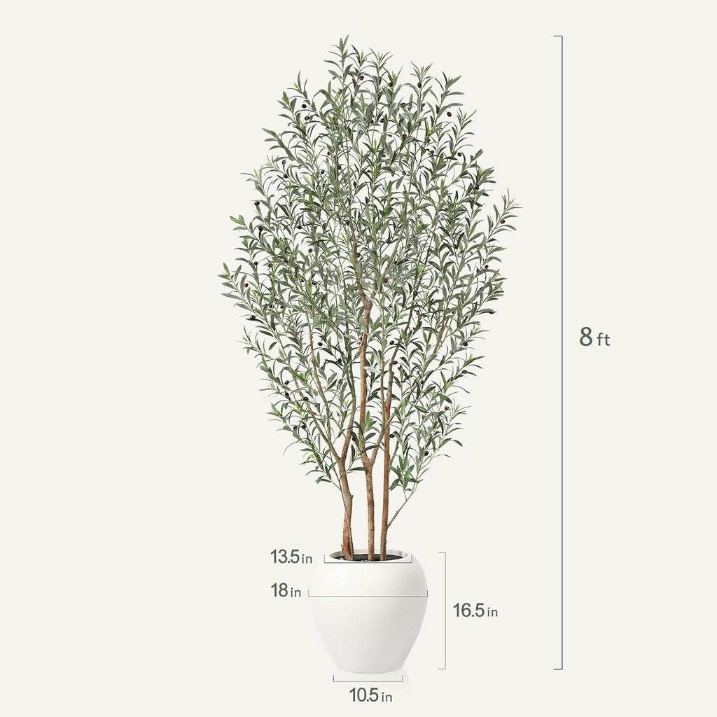 Artificial Olive Tree, 8FT Tall, Faux Olive Trees with Natural Wood Trunk & Lifelike Fruits, Indoor, White Tall