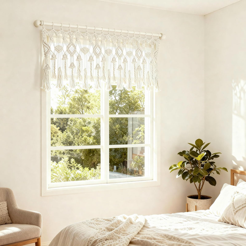 Boho Macrame Valance, Handmade Cotton Woven Window Curtain Bedroom, 52x21 Inches Decorative Farmhouse Window Treatment