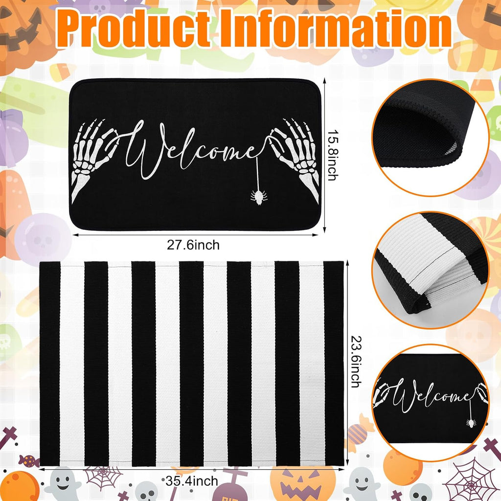 2 Pcs Summer Halloween Door Mats Outdoor Gothic Skull Welcome Front Doormat Linen Rubber Layered Black White Striped