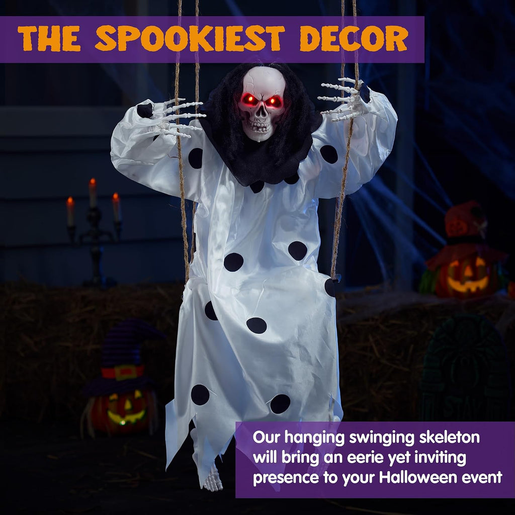 36" Hanging Clown Outdoor Halloween Decorations, Swinging Skeleton Decor with Light Up Eyes Button Battery Operated
