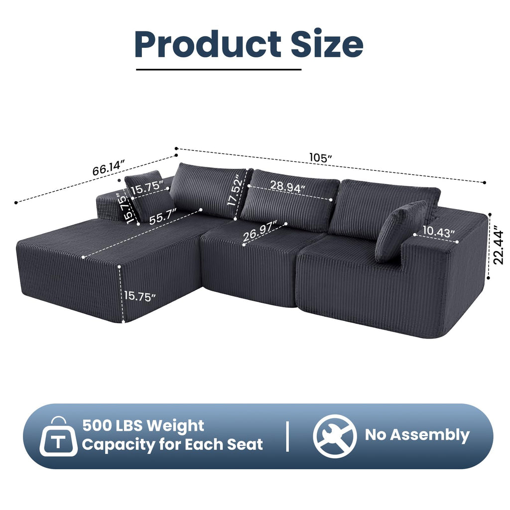 105" Modular Sectional Boneless Couch, Left Chaise L-Shaped Couch