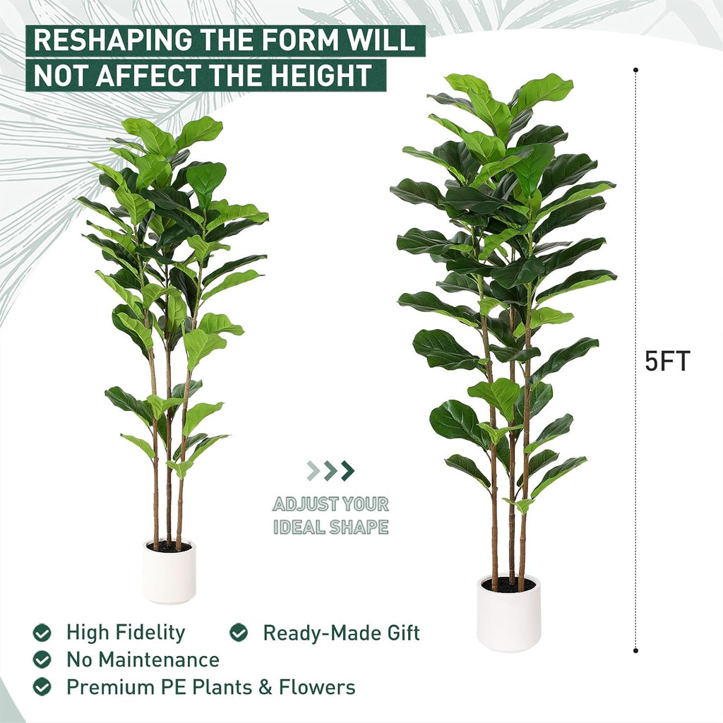 Artificial Fiddle Leaf Fig Tree 5FT Faux Fiddle Leaves Fig Tree Artificial Plants in Pot Outdoor Fake Tree Plants