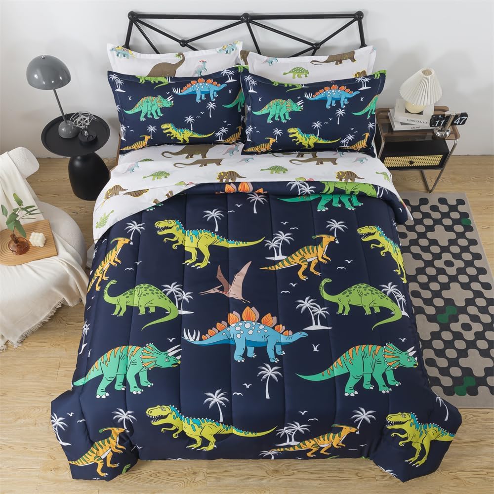 7 Pieces Dinosaur Comforter Full Kids Jungle Dinosaur Bedding Set Bed in A Bag for Boys T-Rex Dino Comforter and