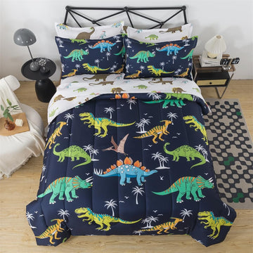 7 Pieces Dinosaur Comforter Full Kids Jungle Dinosaur Bedding Set Bed in A Bag for Boys T-Rex Dino Comforter and