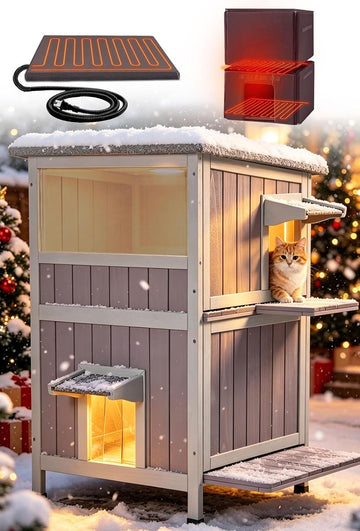 2-Story Heated Cat House Outdoor Indoor Solid Wood Kitty Condo