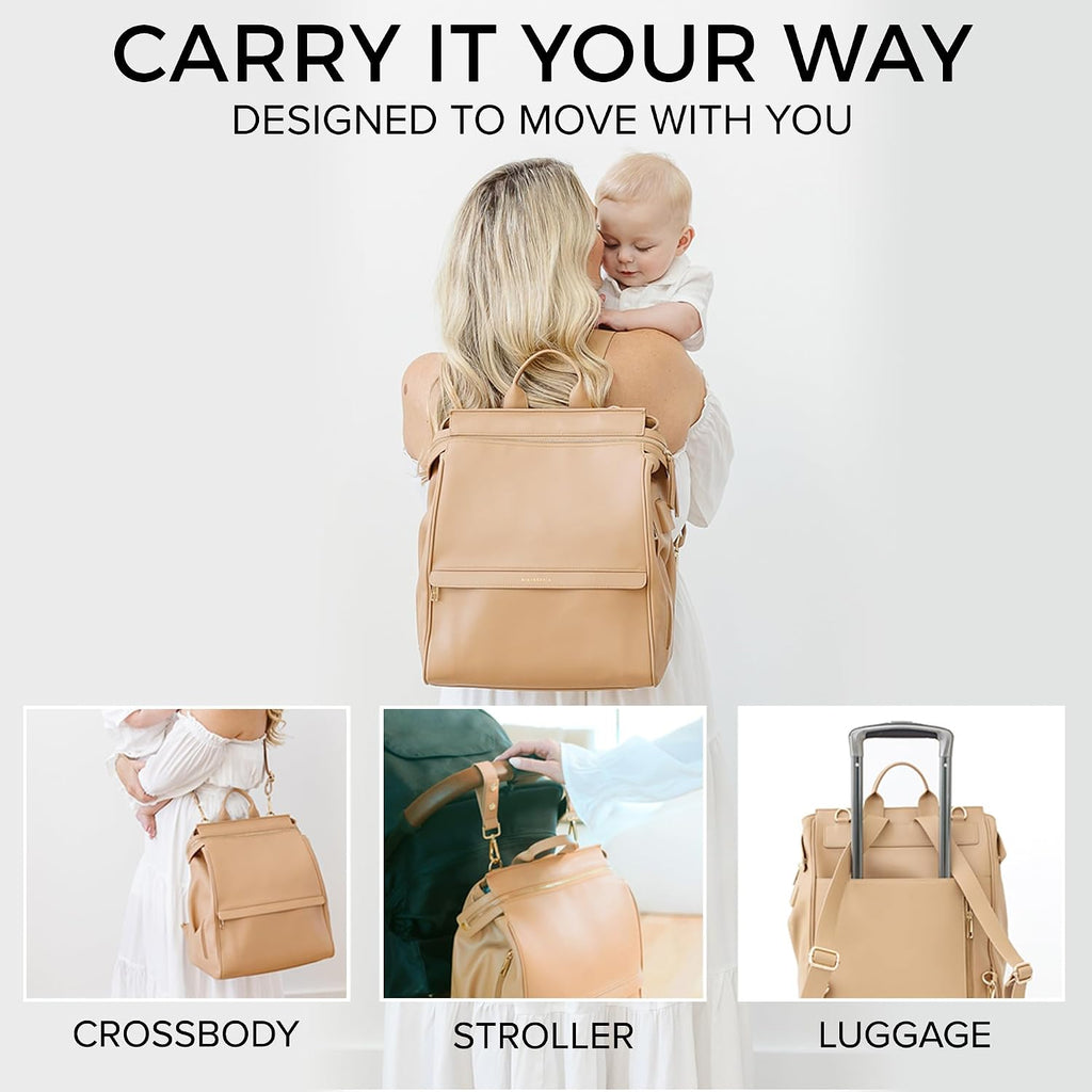 Leather Diaper Bag Backpack with USB Charging Port, Changing Pad, Stroller Straps, Bottle Holder (Brown Sophia)