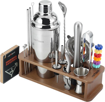 22-Piece Cocktail Shaker Set, Mixology Bartender Kit with 24oz Cobbler Shaker, Home Bar Tool Set with Brown Bamboo - Set of 22