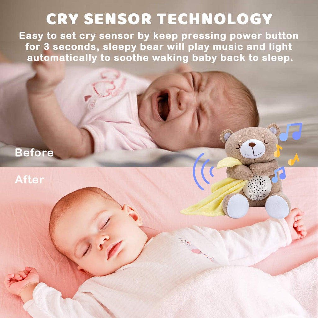 Rechargeable Baby Sleep Soother Bear, Nursery Decor Night Light Projector, Mom's Heartbeat Cry Sensor Lullabies White