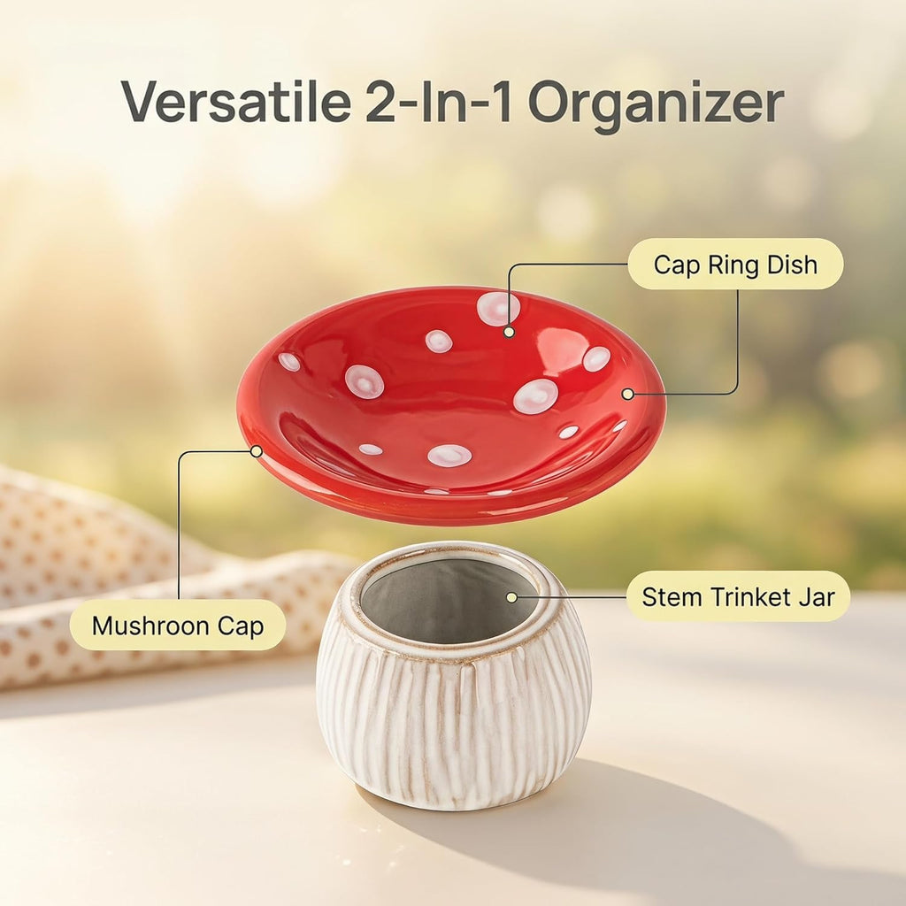 Mushroom Ceramic Jewelry Ring Holder Dish 2-Piece Ring Trinket Storage Jar