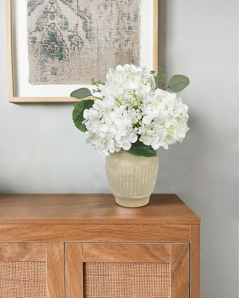 Artificial White Hydrangea in Pot with Vintage Ceramic Vase, Potted Hydrangea Arrangement - Faux Flower Centerpiece