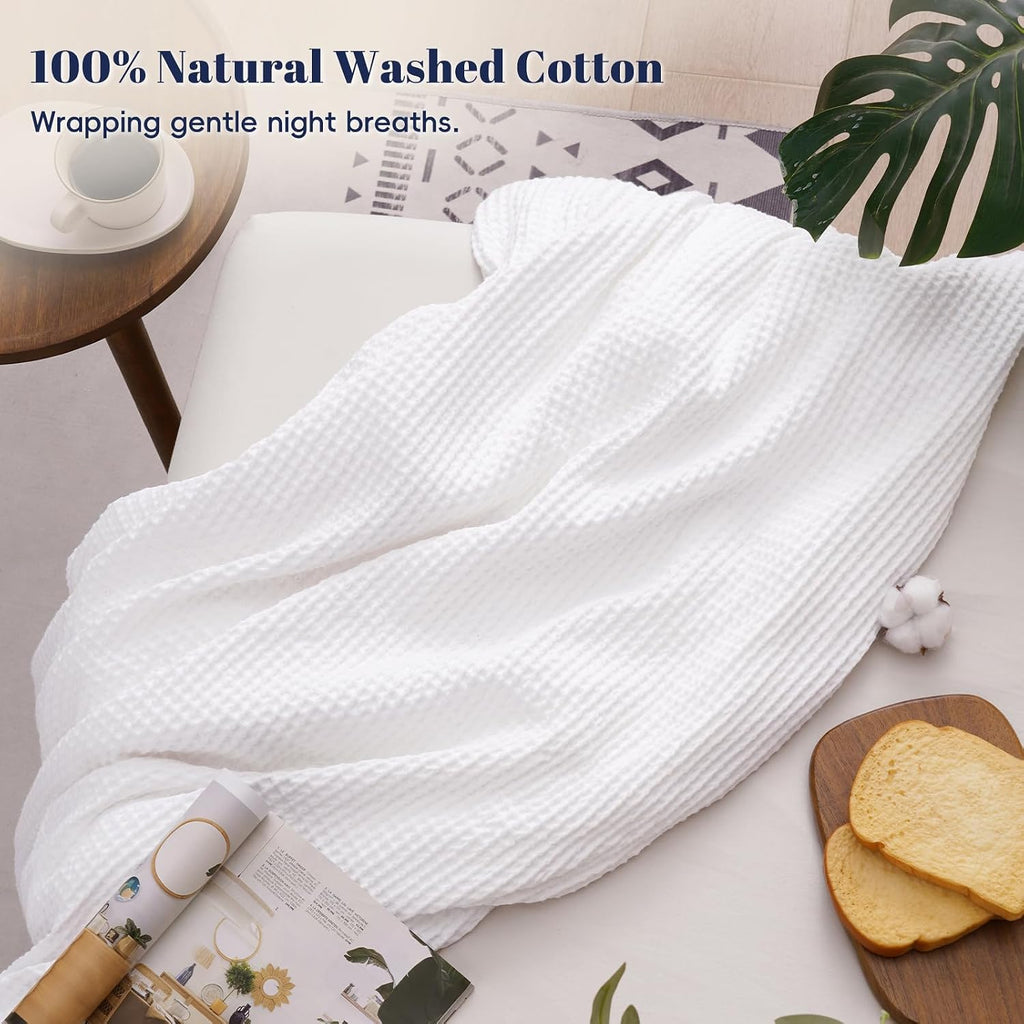 100% Cotton Waffle Weave Throw Blanket 50" x 60"-Lightweight Cozy Washed Soft Breathable Throw Blanket for Adults and