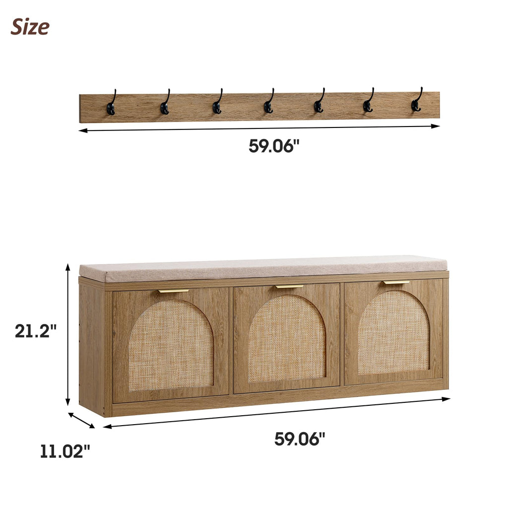 Rattan Narrow Entryway Bench with Shoe Storage, 3 Flip Drawers & Coat Rack, Mid-Century Modern Wood Shoe Cabinet with