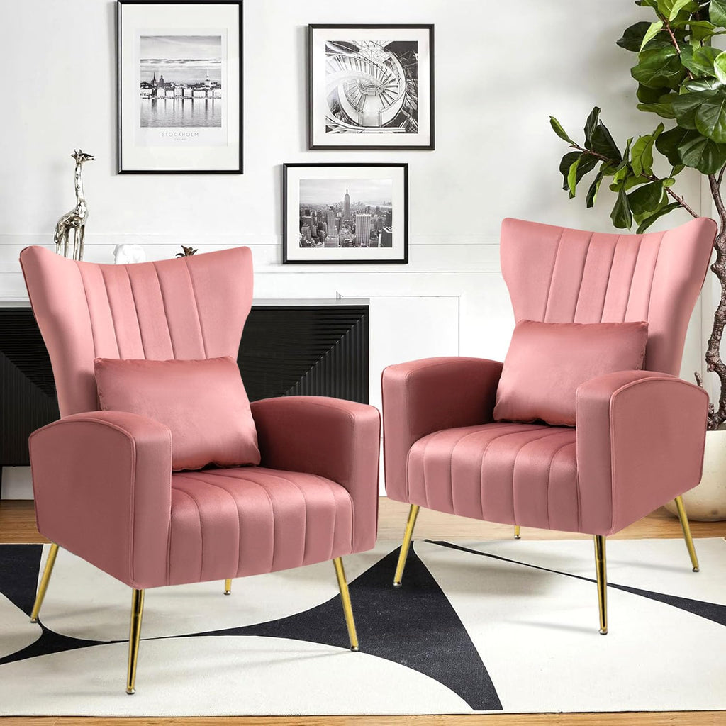 Velvet Accent Chair Bedroom, Modern Arm Chair with Wingback & Gold Metal Legs, Lumbar Pillow Included, Blush Pink
