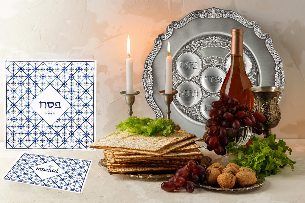 Embroidered Passover Matzah Cover for Passover, Argyle Blue Design