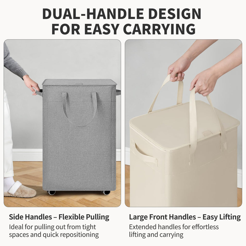 100L Large Rolling Laundry Basket with Wheels and Lid, Gray