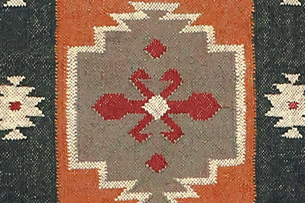 Kilim Runner 2x6 Reversible Southwestern Wool Jute Runner Geometric Design Brown Black Flatweave Carpet Thick 0.19"