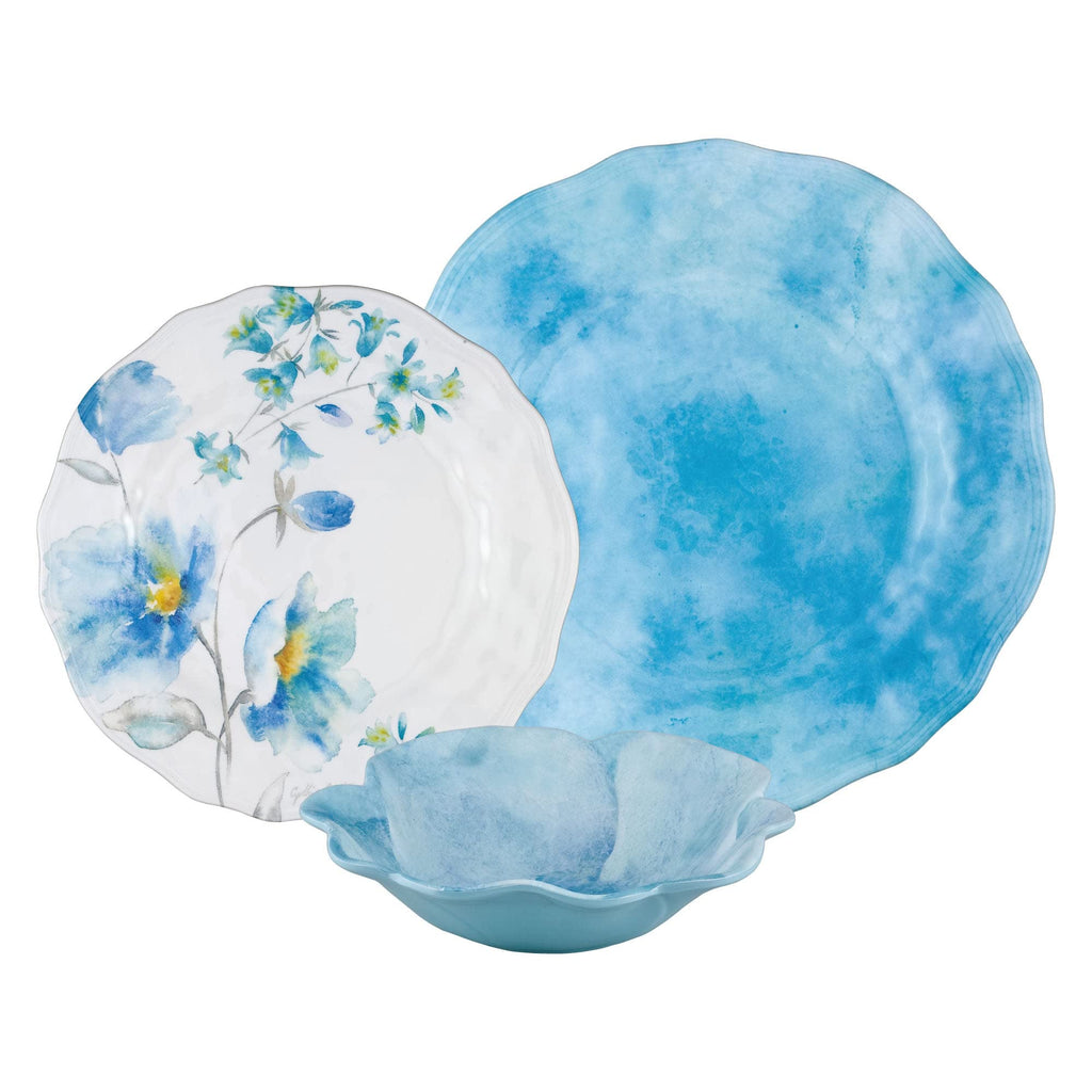 12 Piece Campanula Melamine Dinnerware Sets, Outdoor Dishes Set, Plates and Bowls Sets, Service for 4, Sky Blue