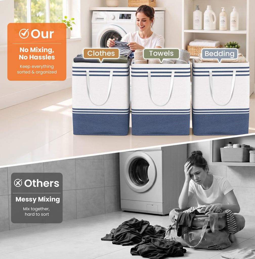 3-Pack Laundry Basket, Laundry Hamper, Blue-125L