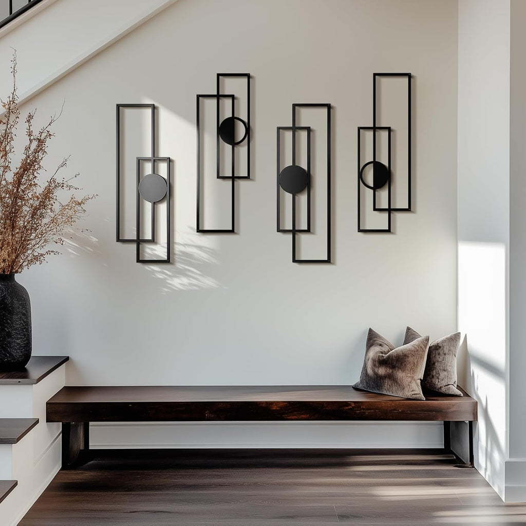 Abstract Metal Wall Art Large Modern Black Geometric Decor - Set of 4