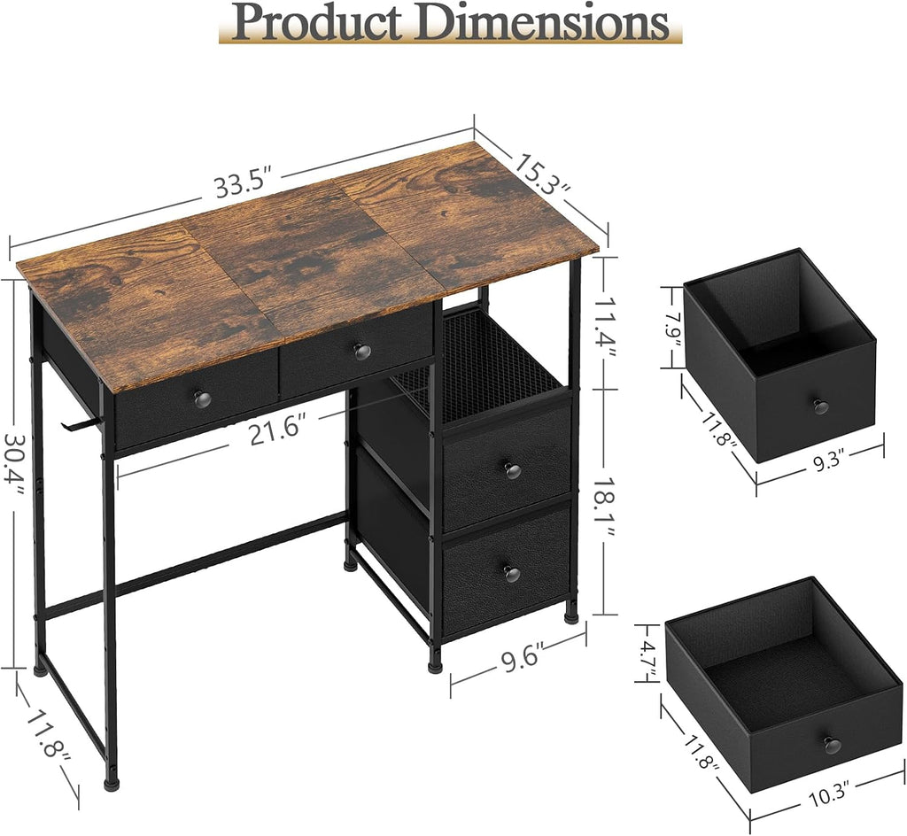 Small Computer Desk with 4 Fabric Drawers, Simple Writing Desk, Compact Study Desks for Small Spaces, Kids Desk Study