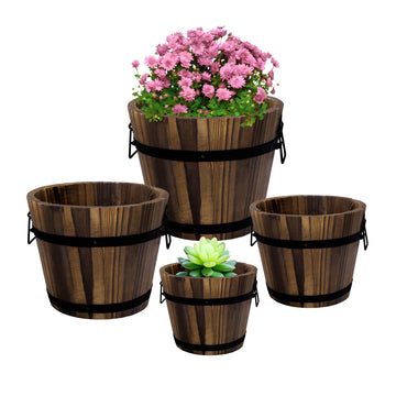 4 Pack Wooden Whiskey Barrel Planters, Flower Planters Pots Container