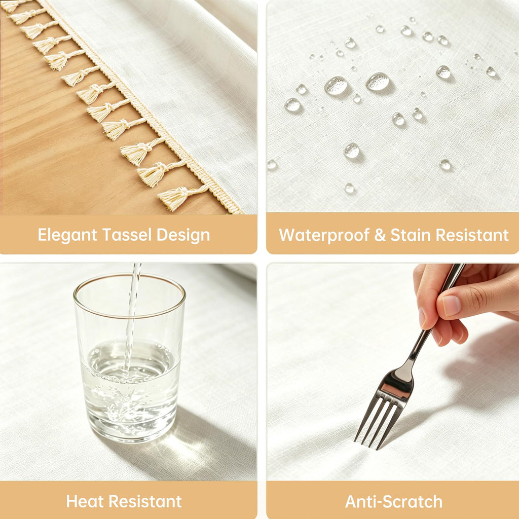 Ivory Tablecloth Rectangle Linen Cotton Texture, Waterproof Heavy Duty Farmhouse Wrinkle Free Table Cloth with Tassel