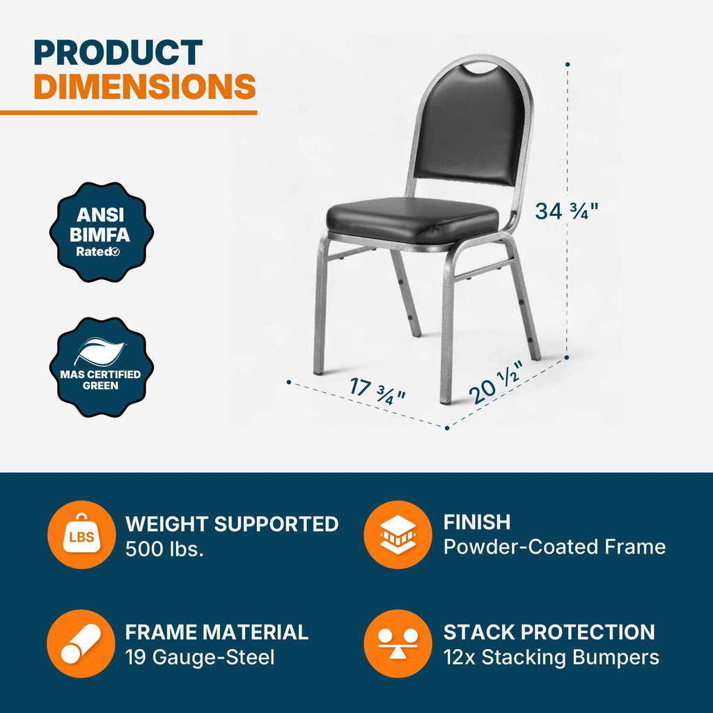 2 Commercial-Grade Dome Back Banquet Stack Chair (Black Vinyl, Silver Powder-Coated Frame, 2-Pack)
