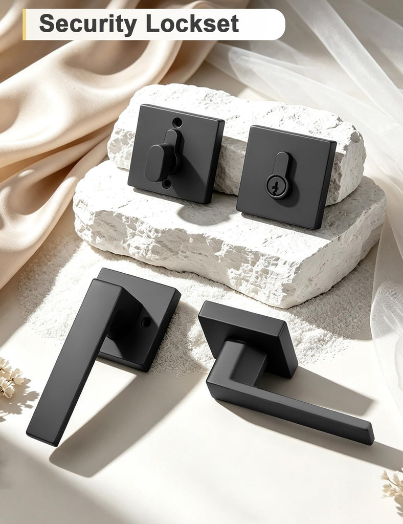 2 Pack Black Passage Door Lever with Single Cylinder Deadbolt, Exterior Square Door Handle with Deadbolt, Modern Door