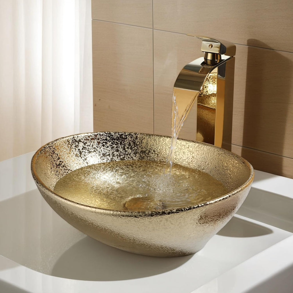 16" Gold Bathroom Sink Ceramic Vessel Sinks for Bathrooms Above Counter Bathroom Sink Oval Vessel Sink with Faucet