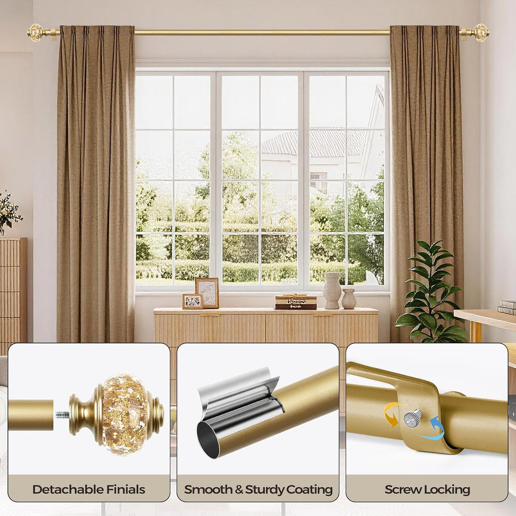 1 Inch Gold Curtain Rods for Windows 72 to 144 Inches (6 to 12 ft), Telescoping Single Drapery Rod, Decorative