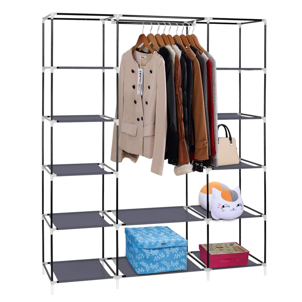 69" Heavy Duty Portable Closet Storage Organizer, 12-Tier Fabric Wardrobe with Hanging Rod, Thickened Steel Tubes &