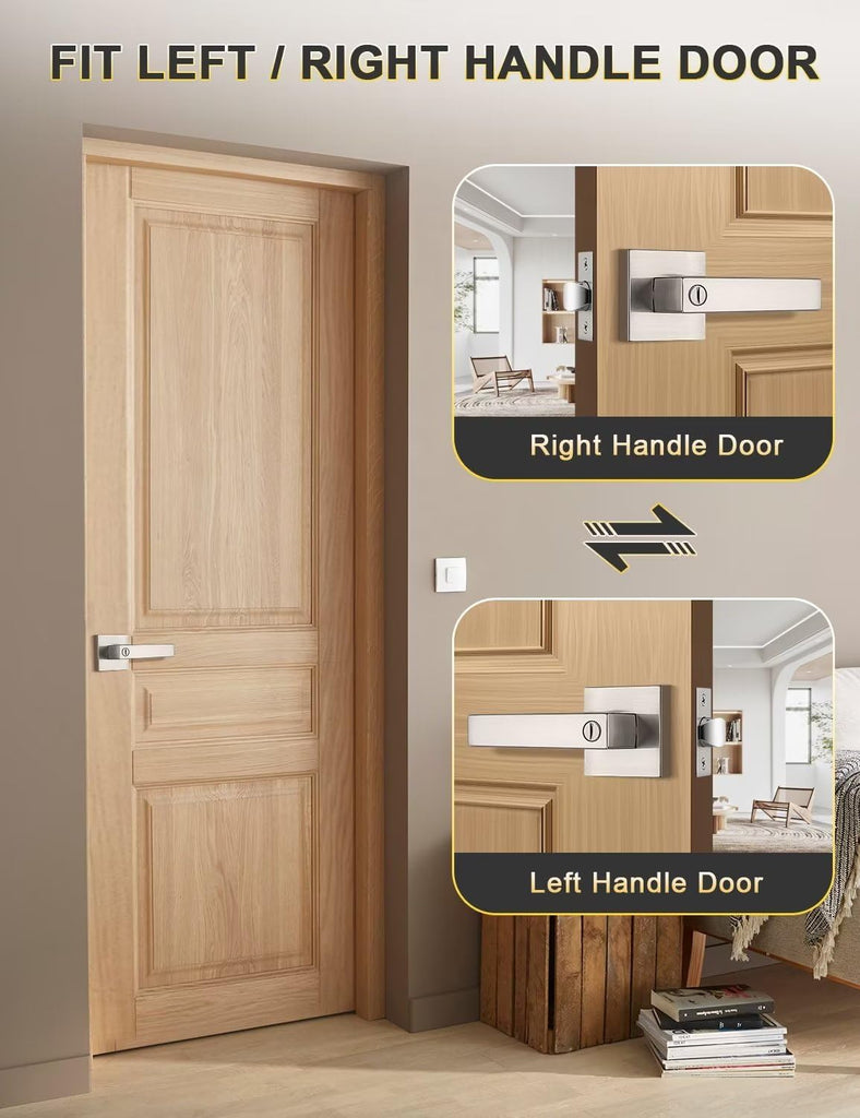4 Pack Privacy Square Brushed Nickel Door Handles Interior, Keyless Door Knobs /Bathroom, Reversible for Left Right