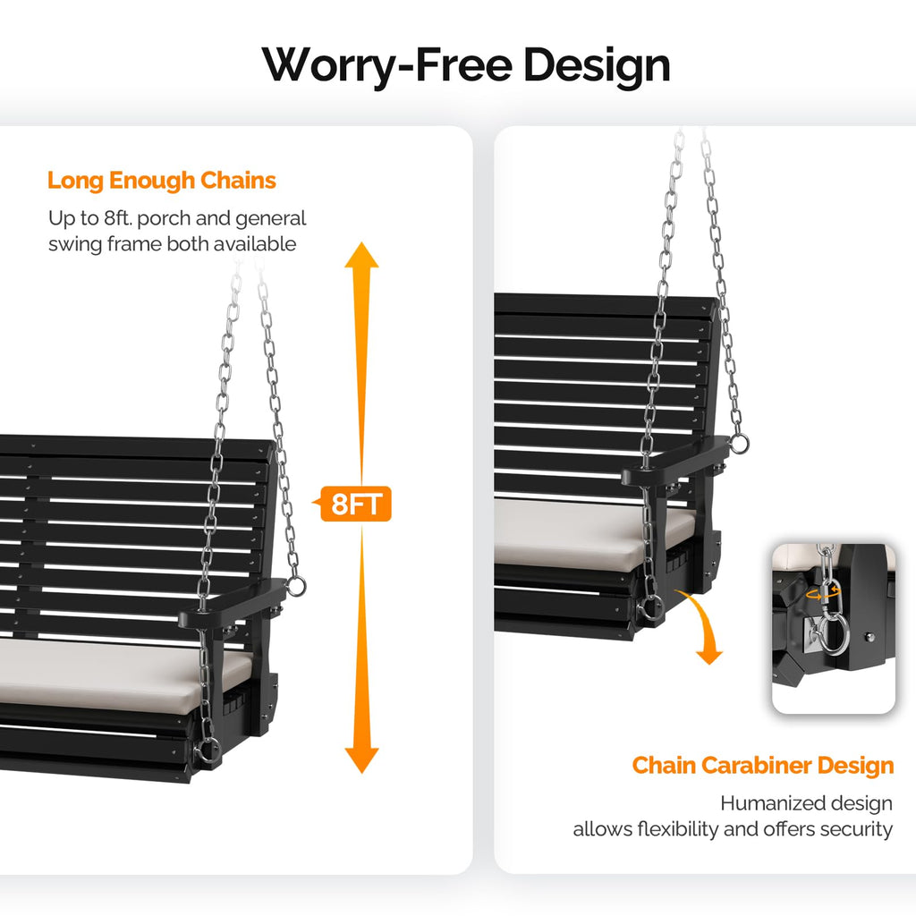 5 FT Heavy Duty Porch Swing With Cushion, 880 LBS Wooden, Black