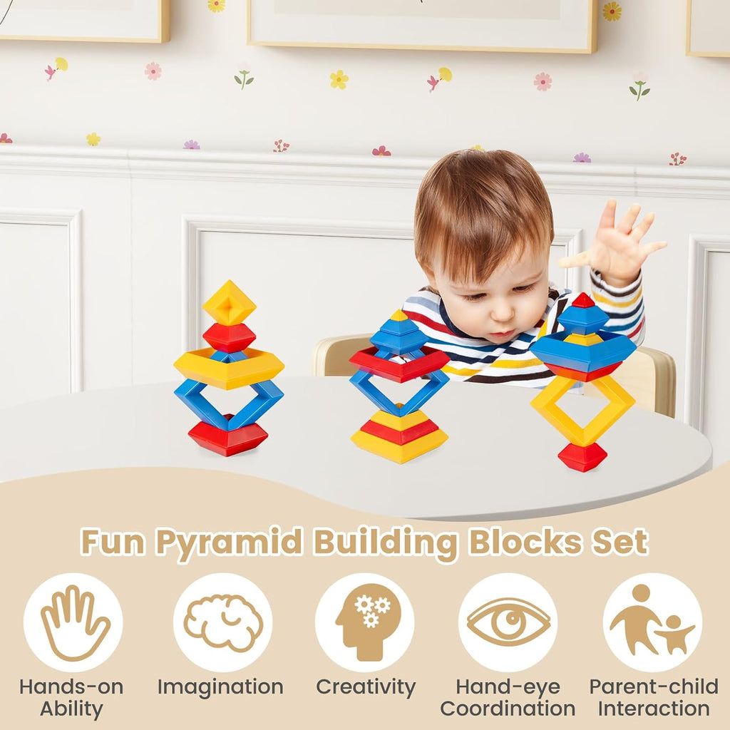 Kids Table and Chairs, Brich Round Toddler Table and Chair Set with Toy Bricks, Smooth Surfaces & Ergonomic Backrest