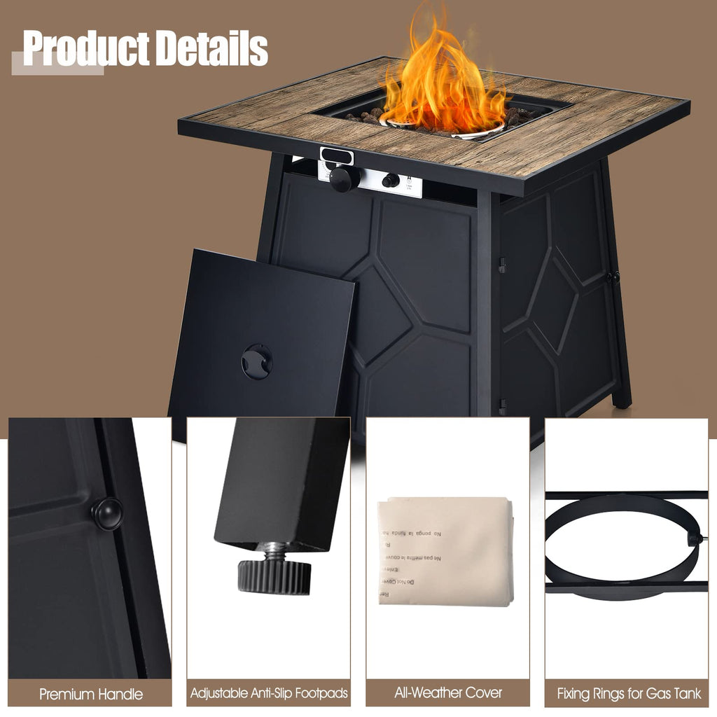 28 Inches Propane Fire Pit Table, 40, 000 BTU Square Fire Table with Lid, Lava Stone, Waterproof Cover and Instant