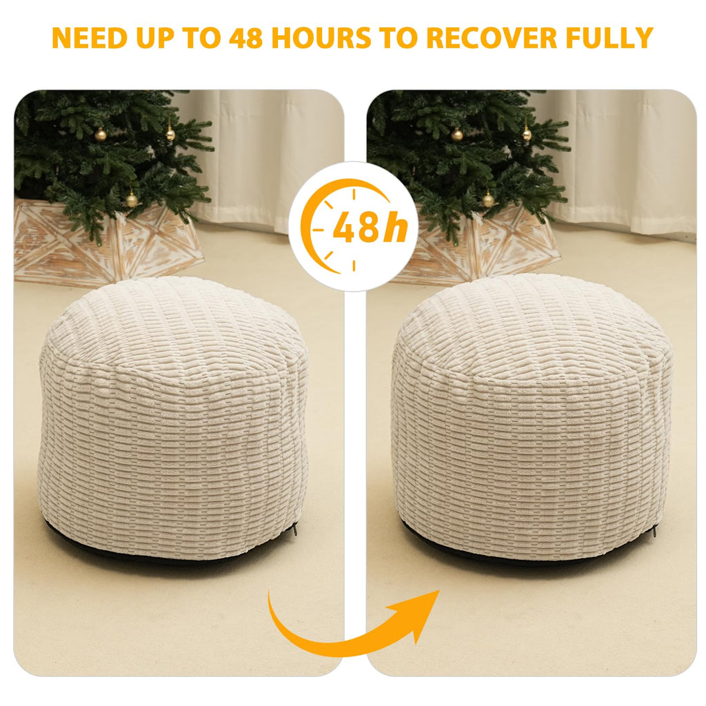 Round Stuffed Pouf Ottoman for Foot Rest 26" X 18" Faux Fur Poufs, Beige