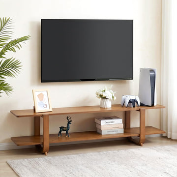 Bamboo TV Stand with Storage for TVs up to 65'', Modern Entertainment Center with 2 Open Shelf, Accent TV Media