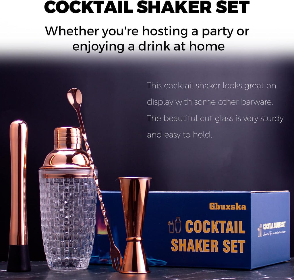 Rose Gold Cocktail Shaker Set with Jigger, Bar Spoon & Muddler - Set of 4