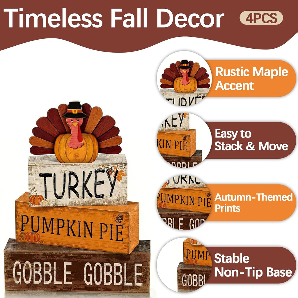 Turkey Fall Thanksgiving Decor, Fall Decorations - Set of 4