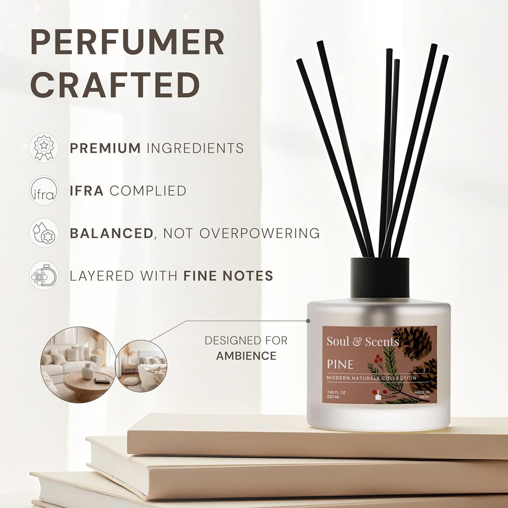 Reed Diffuser Set - Pine | 7.43 oz Refillable Scented Oil with 6 Fiber Sticks | Long-Lasting Home Fragrance & Air