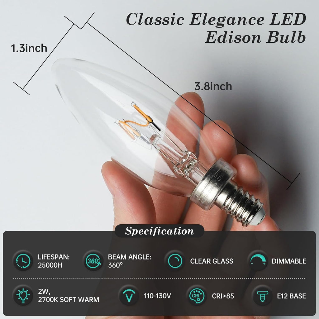 E12 CA10 25 Watt Equivalent Clear LED Candelabra Bulbs,2700K Dimmable