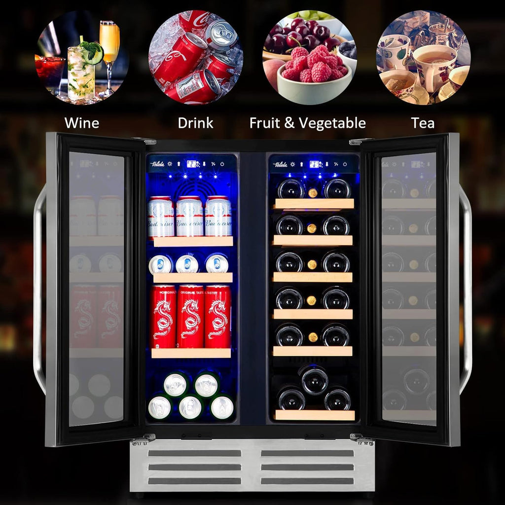 Wine and Beverage Refrigerator, 24 Inch Dual Zone Fridge with Glass Door, Built