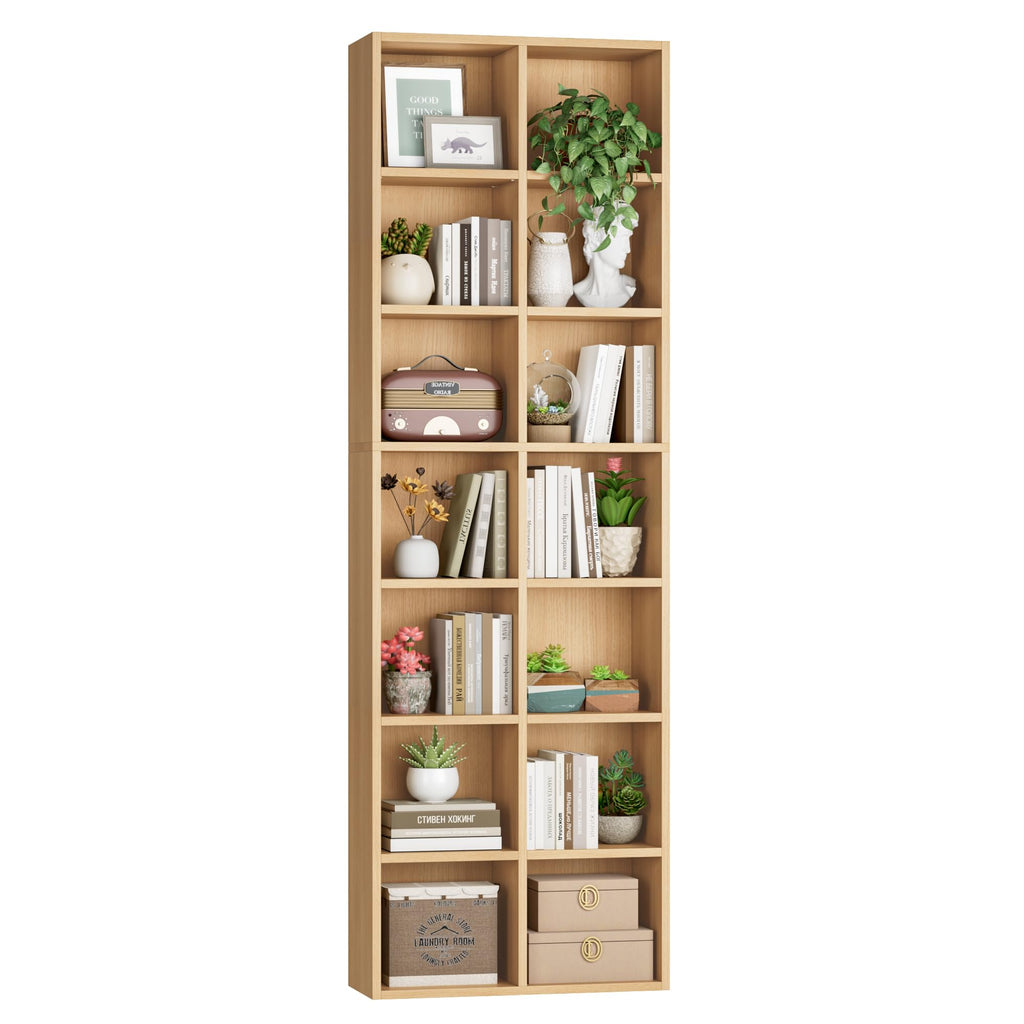 Wood Bookshelf 7-Tier Narrow Bookshelf Tall CD Media Tower Rack