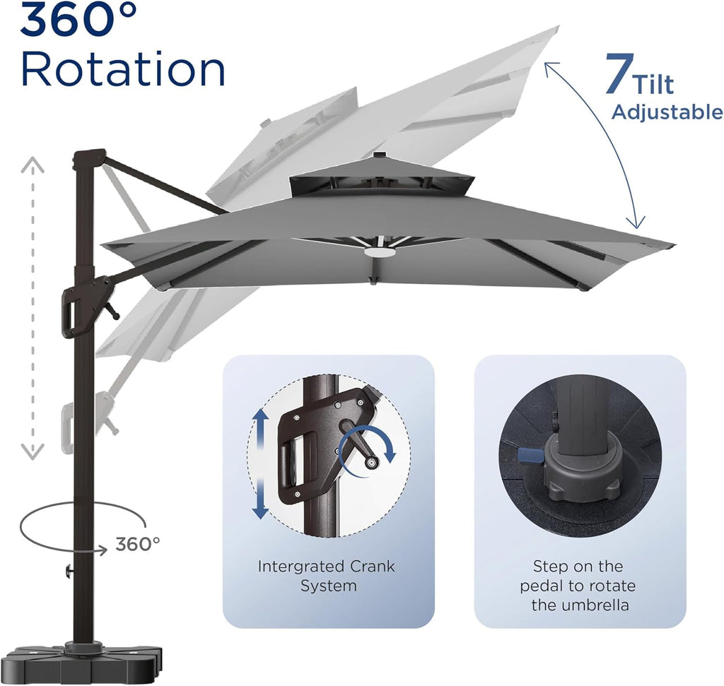 10' X 13' Patio Umbrella with Weighted Base and LED Lights Outdoor Cantilever Large Rectangle Offset Umbrellas Heavy