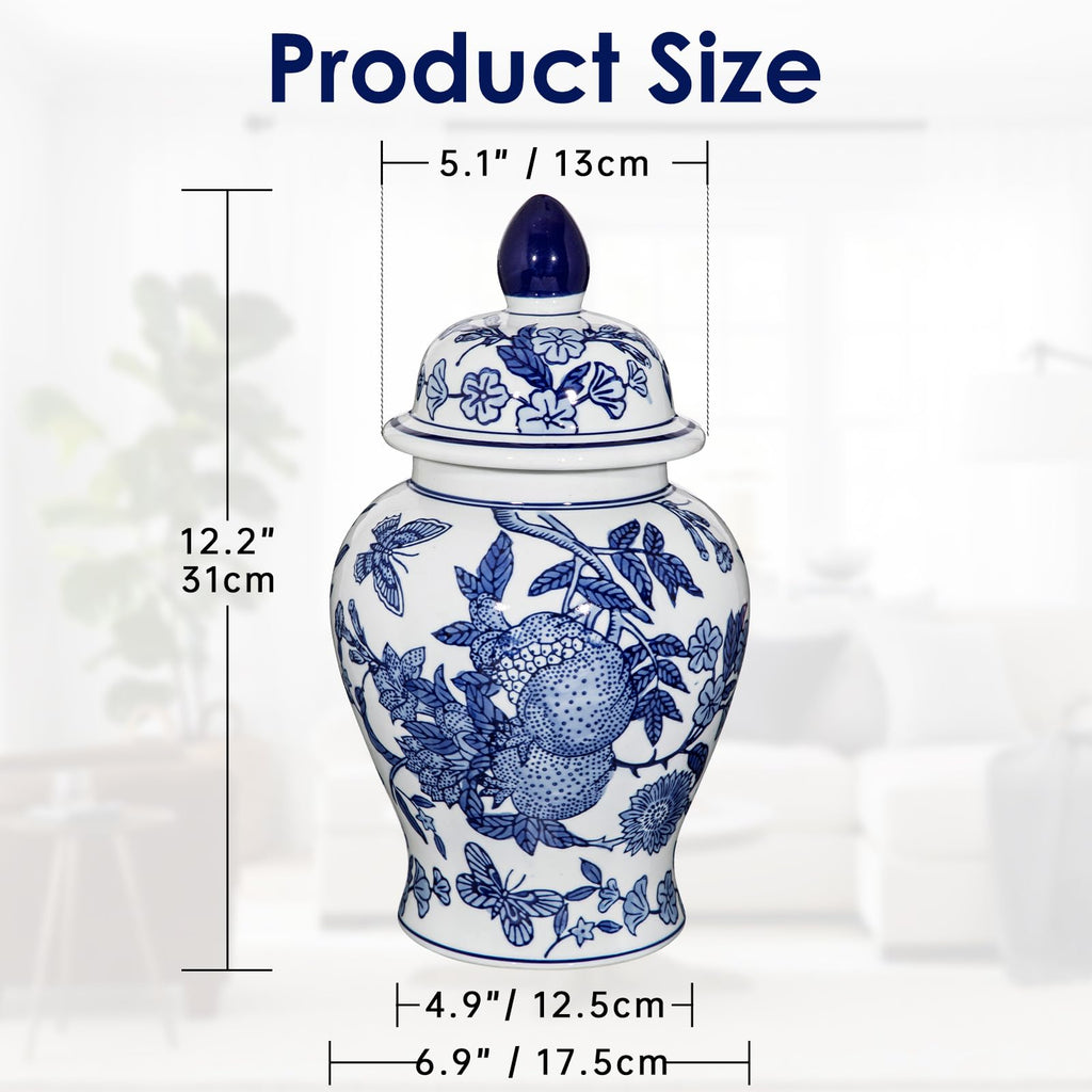 Blue and White Vase Ginger Jar - 12" Chinoiserie Decor Large Ginger Jar Blue & White Porcelain Flower Ceramic Covered