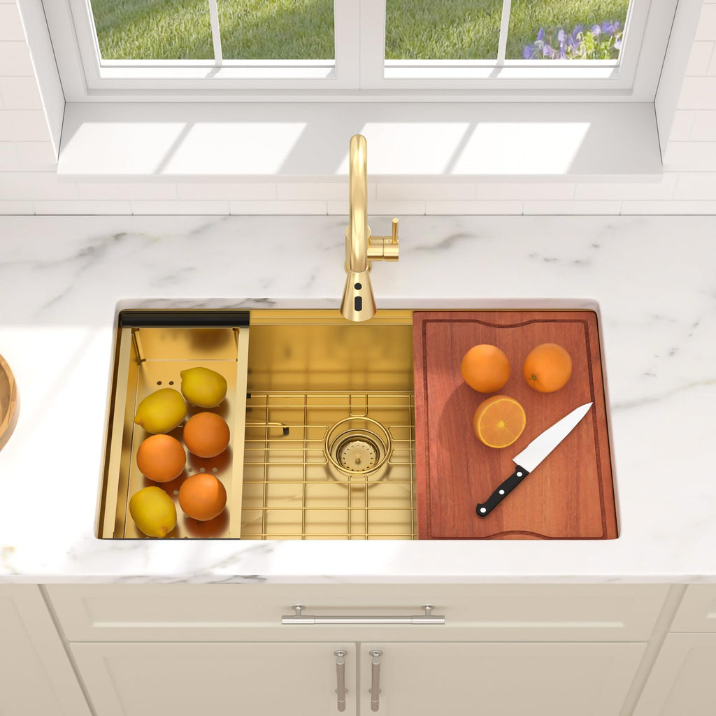 33 In. Gold Undermount Kitchen Sink, Workstation with Valued Accessories, Heavy Duty 16 Gauge 304 Stainless Steel