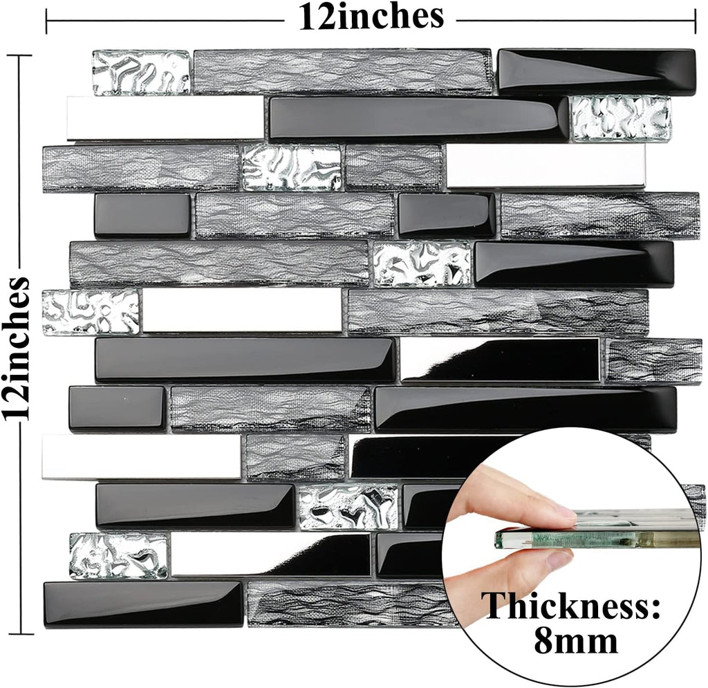 Glass Metal Art Mosaic Silk Black Crystal Glass Chrome Silver Steel Accent Wall Border Kitchen Bath Backsplash Tile