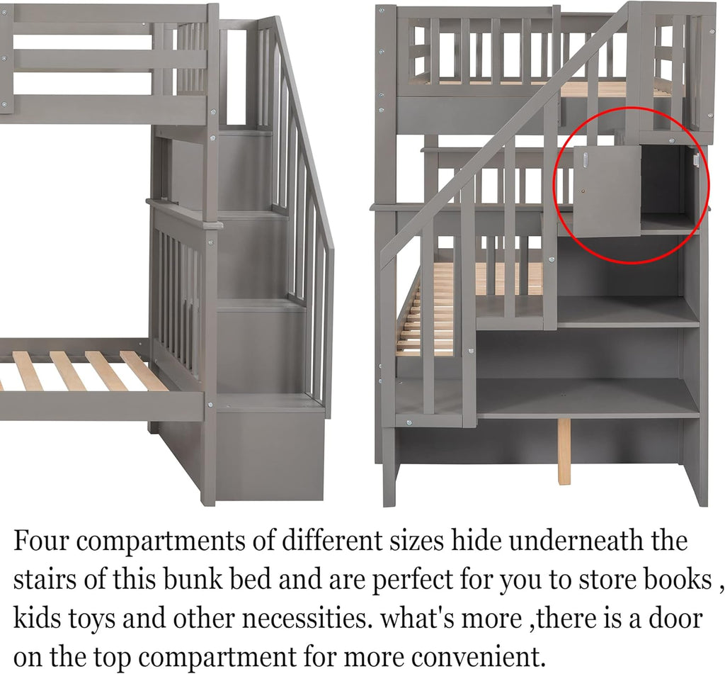 Stairway Bunk Bed with Storage Shelves, Twin Over Twin Wooden Bunk Bed Frame with Full-Length Fence
